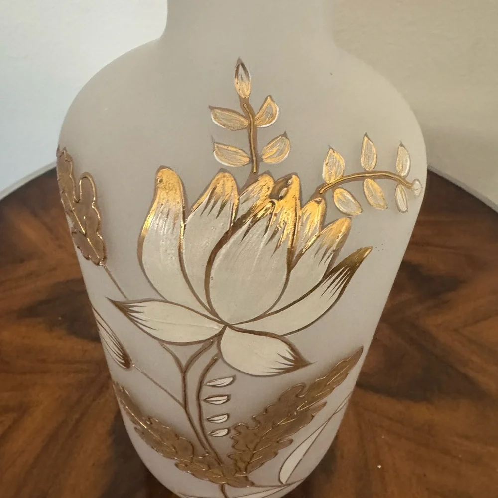 Vintage Hand Blown Opaque Glass Vase With Gilt Flowers 12 1/2” - Picture 2 of 10